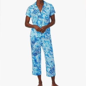 New Lauren Ralph Lauren Short Sleeve Notch Collar Capris PJ Set Blue Paisley